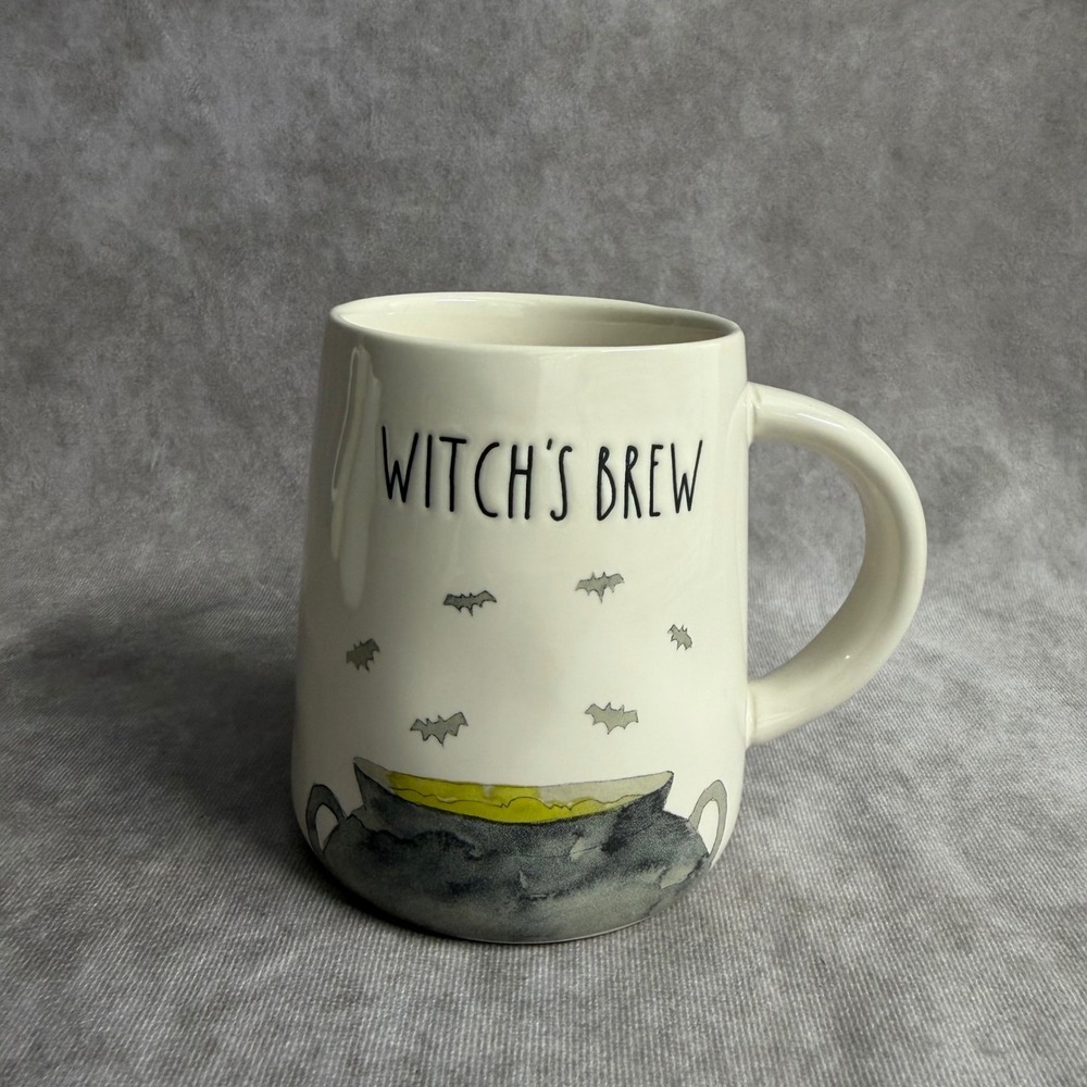 Rae Dunn Coffee Mug White Witch's Brew Cauldron Bats Halloween Spooky 16oz Cup